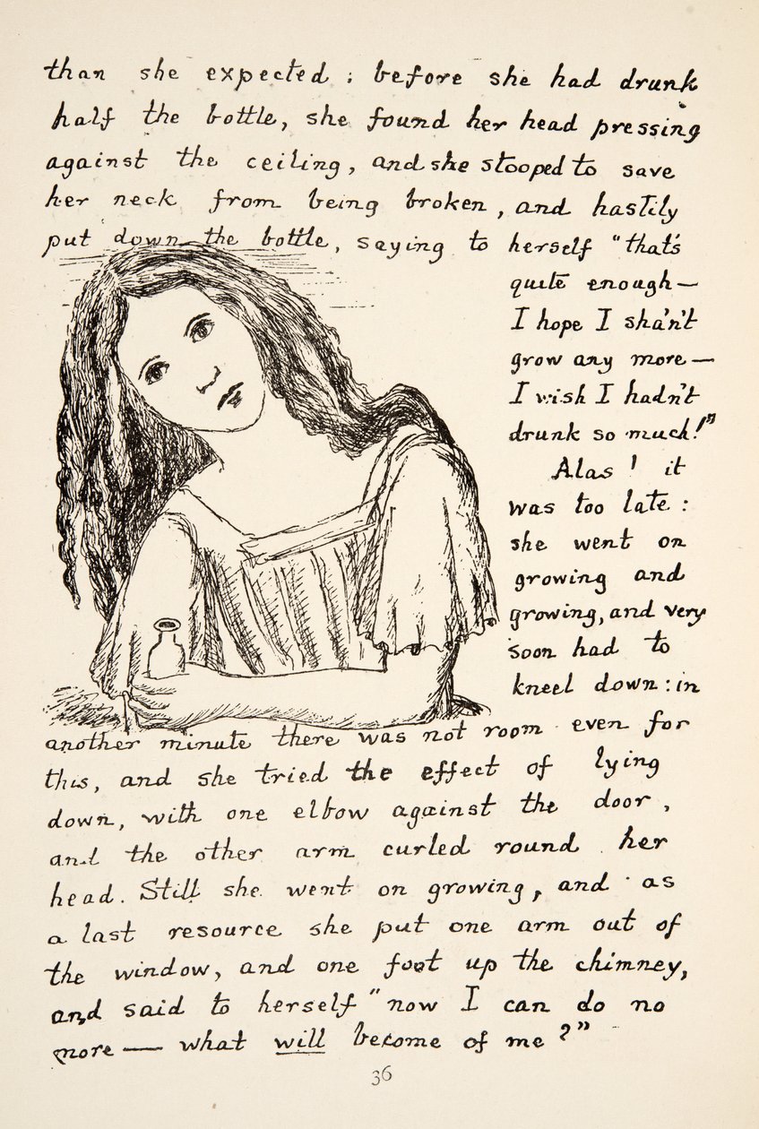 Alice, küçük şişeden içtikten sonra büyümeye başlar, Alice