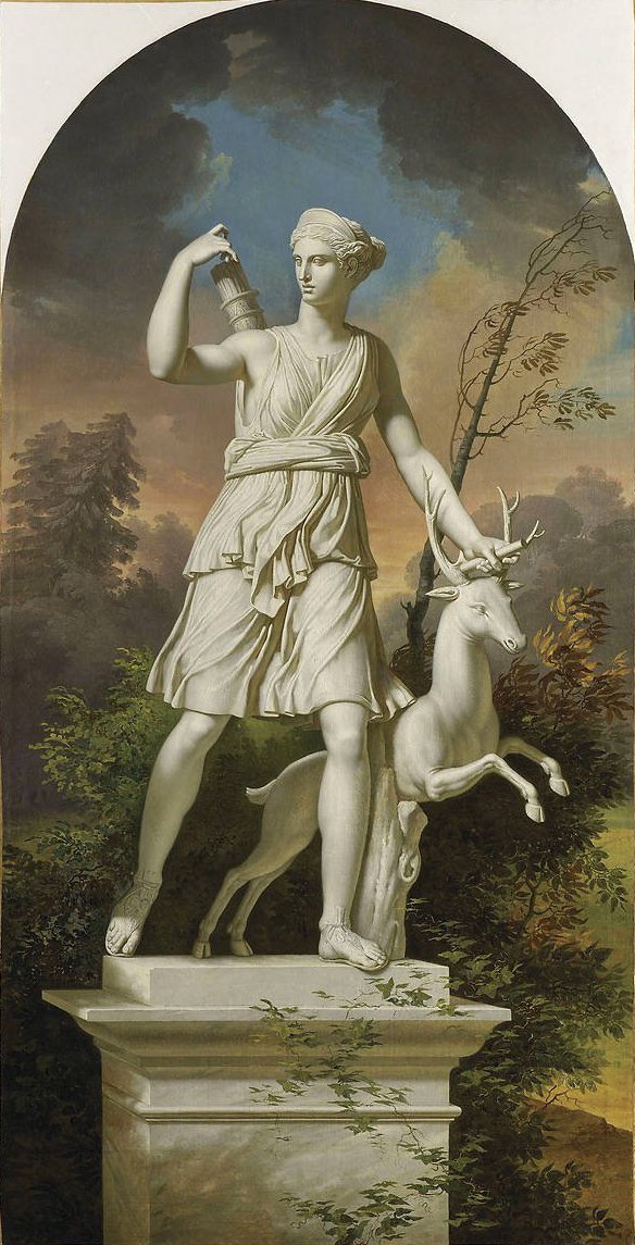 Bir peyzajda Diana the Huntress heykelleri by Charles Meynier