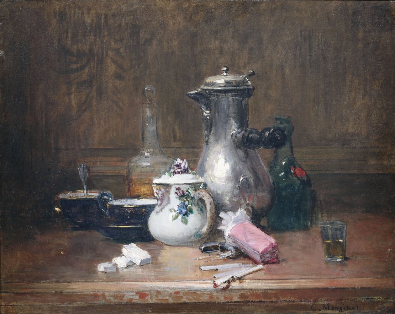 İyi yaşamın morte doğası. Kahve gereçleri, konyak şişeleri ve sigaralar ile natürmort by Charles Monginot