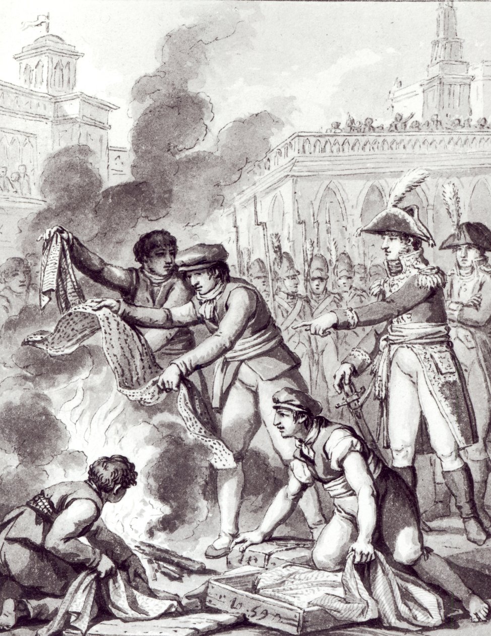 English goods burnt in Amsterdam (pen, ink und wash on paper)  by Charles Monnet