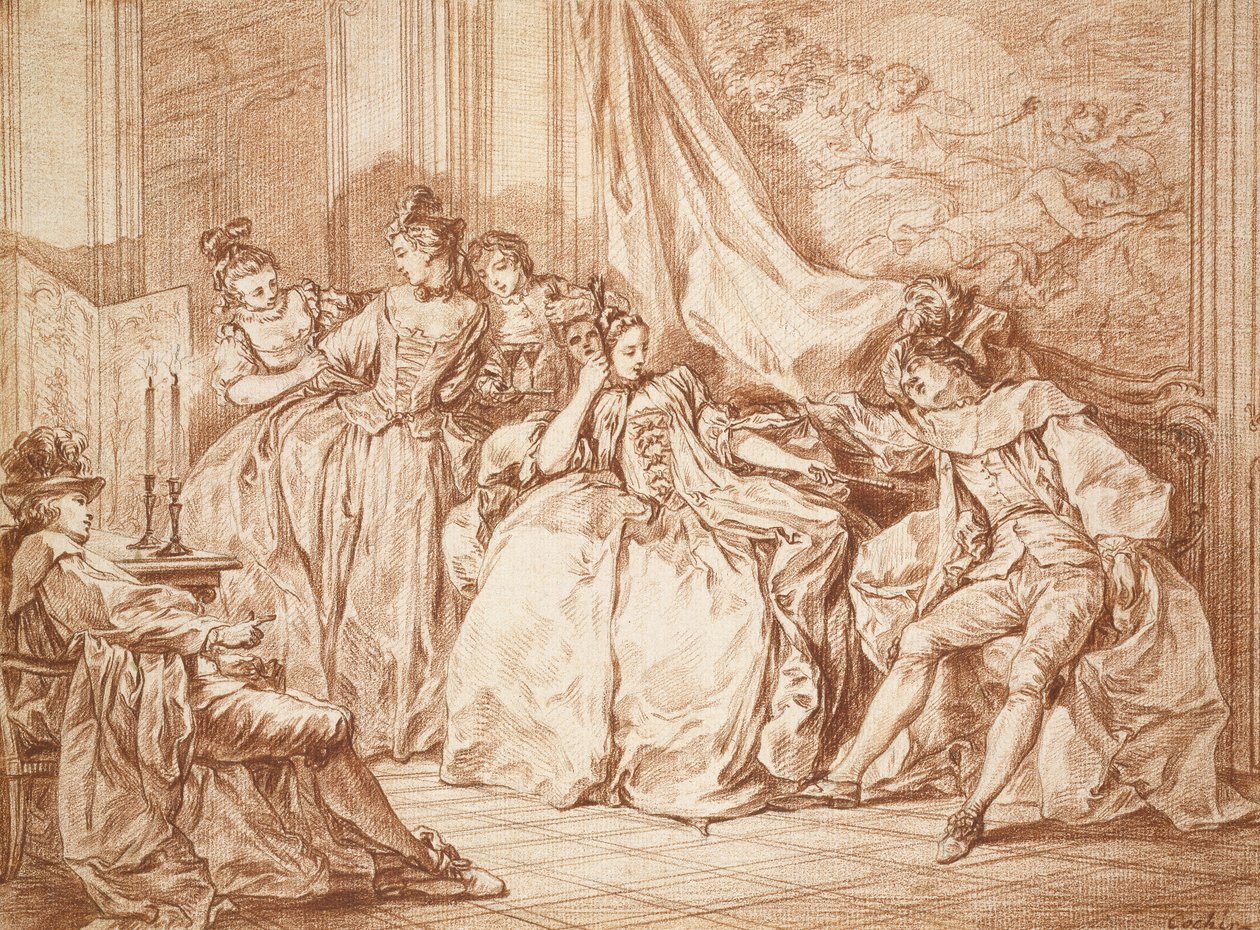 Party of Revelers (kirli beyaz kağıt üzerine kırmızı tebeşirli grafit, siyah mürekkeple kenarlı) by Charles Nicolas II Cochin