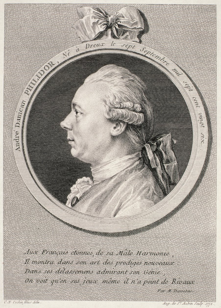 Augustus de Saint-Aubin tarafından oyulmuş Francois-Andre-Danica Philidor (1726-95) portresi, 1772 by Charles Nicolas II Cochin