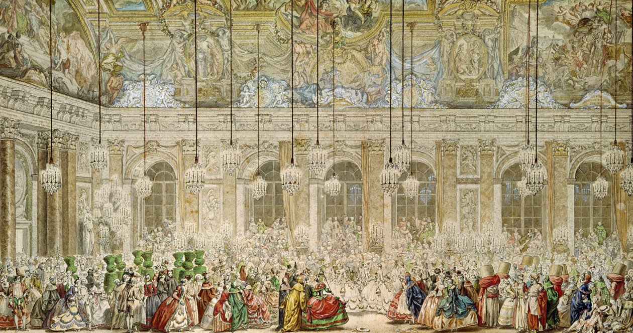 The Masked Ball at the Galerie des Glaces, 17th February 1745 (pen und ink and wc on paper) by Charles Nicolas II Cochin