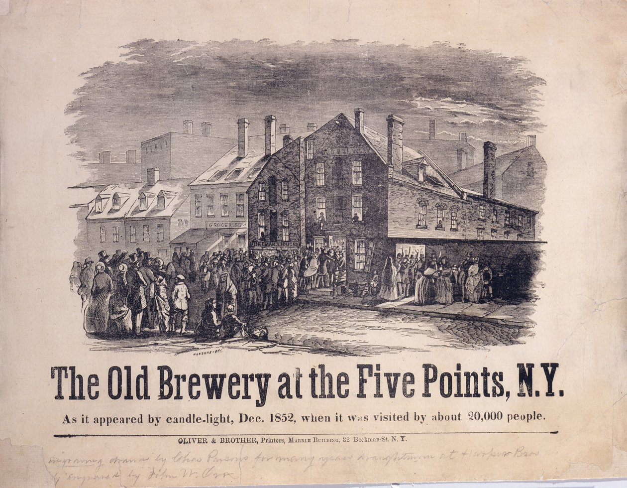 The Old Brewer at the Five Points, New York, Mum Işığında Göründüğü Gibi, Aralık 1852, Yaklaşık 20.000 Kişi Tarafından Ziyaret Edildiğinde, John W. Orr (1815-57), yaklaşık olarak. 1853 (ahşap oyma) by Charles Parsons