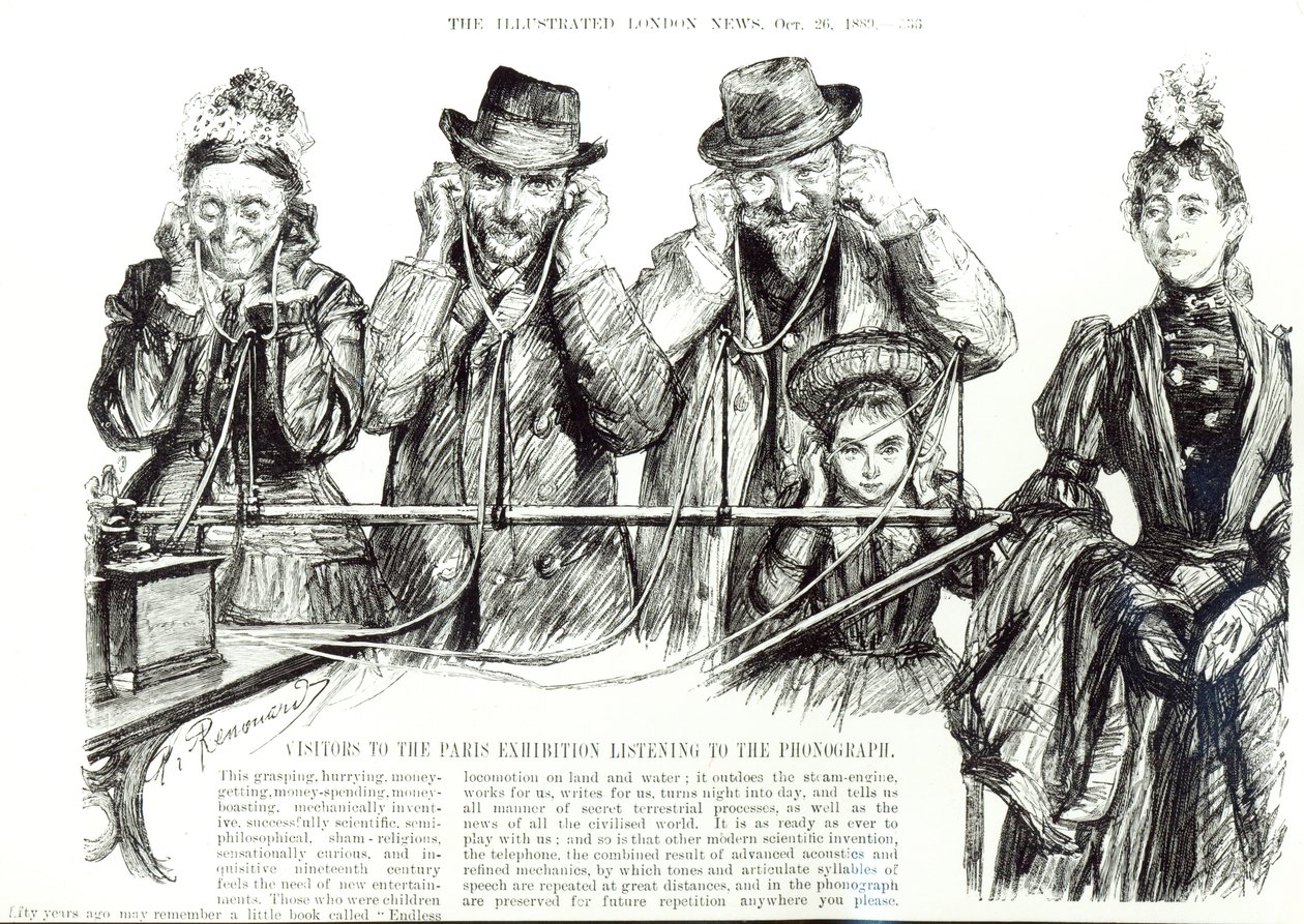 Visitors to the Paris Exhibition listening to the Phonograph, from 