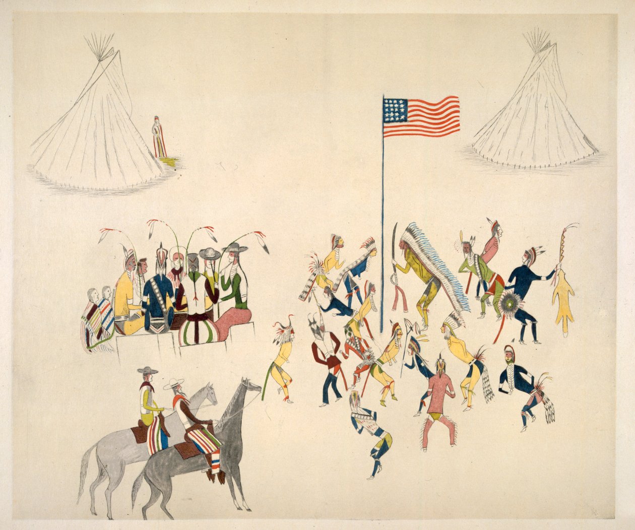 Sadece erkeklerin katıldığı Shoshone dansı (muslin üzerine pigment) by Charles Washakie