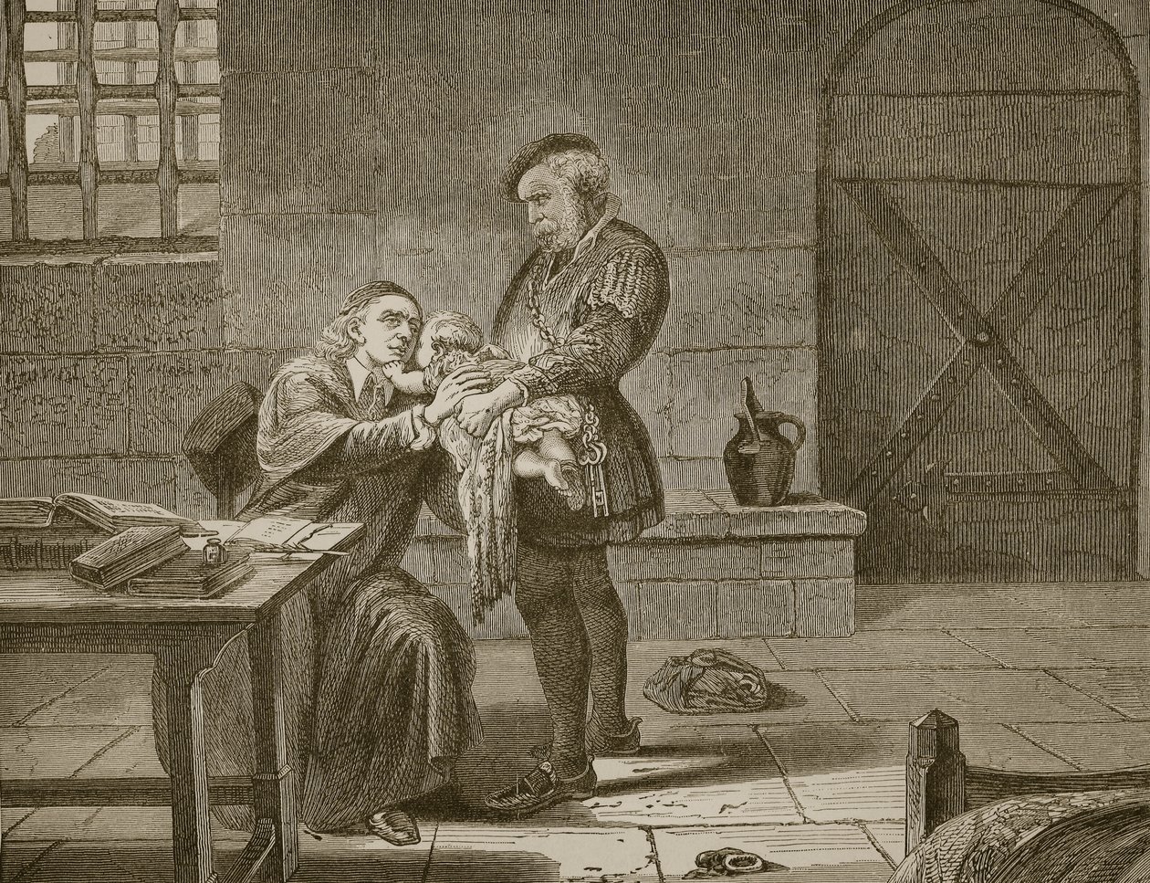 Laurence Saunders, şehit, çocuğuna veda ederken, Butterworth ve Heath tarafından oyulmuş by Charles West Cope