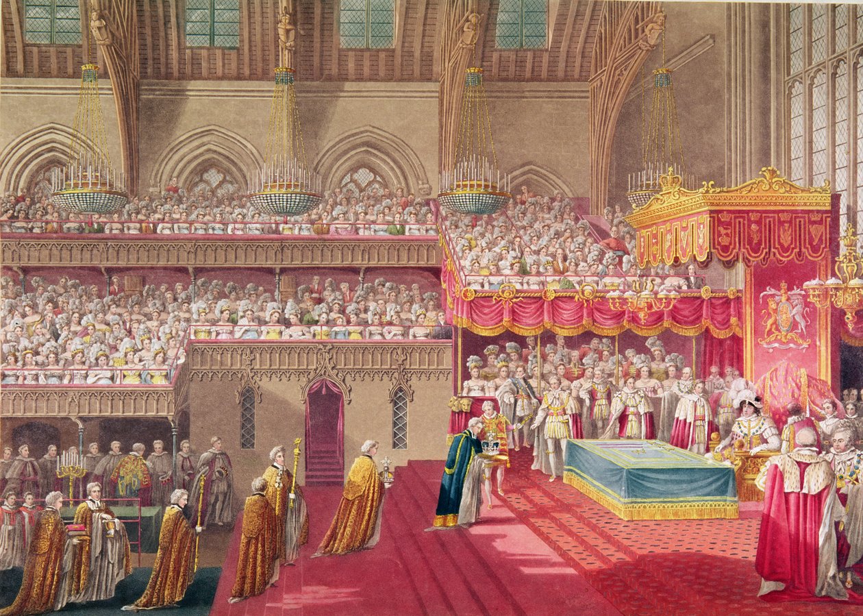 Procession of the Dean and Prebendaries of Westminster bearing the Regalia, from an album celebrating the Coronation of King George IV (1762-1830) 19th July 1821, engraved by Matthew Dubourg (fl.1786- by Charles Wild