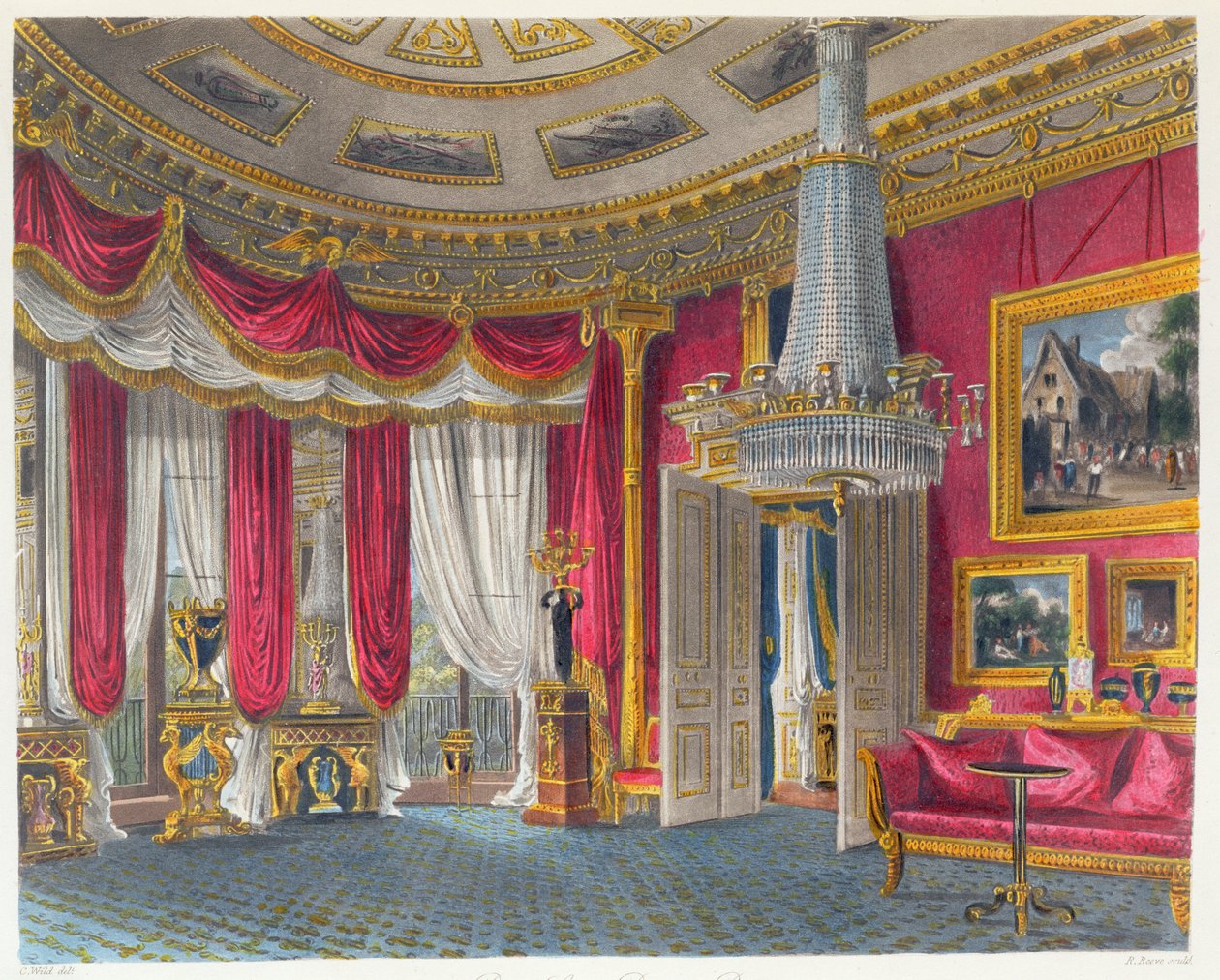 Rose Satin misafir odası, Carlton House, güneybatıya bakıyor, R. Reeve (fl.1811-37) tarafından oyulmuş, William Henry Pyne (1769-1843) tarafından yazılan 'Kraliyet Rezidanslarının Tarihi'nden, pub. 1819 (akvaryum) by Charles Wild