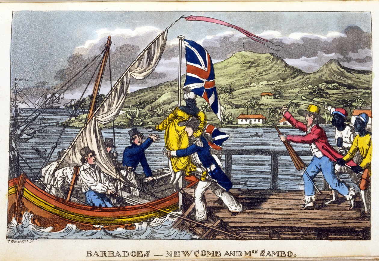 Barbados: Newcome ve Mrs Sambo, John Mitford, 1818 (el boyaması aquatint) tarafından 