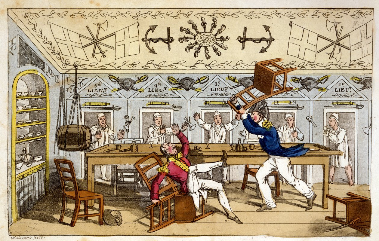 The Ward Room: Newcome ve Capt. Clackett, John Mitford, 1818 (el boyaması aquatint) tarafından yazılan 