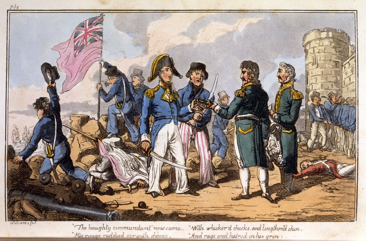 Kibirli komutan şimdi geldi ... Bir Deniz Subayı tarafından The Adventures of a Post Captain, pub. 1820 (el boyaması aquatint) by Charles Williams