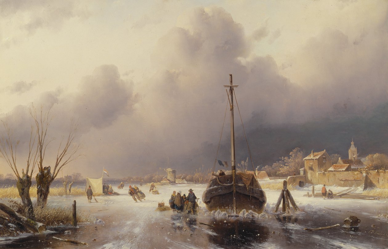 Bir Tekne ile Donmuş Nehir, 19. yüzyıl by Charles Henri Joseph Leickert