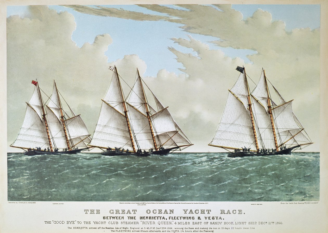 Currier & Ives tarafından yayınlanan Henrietta, Vesta & Fleetwing arasındaki 1866 Büyük Okyanus Yat Yarışı by Charles (after) Parsons