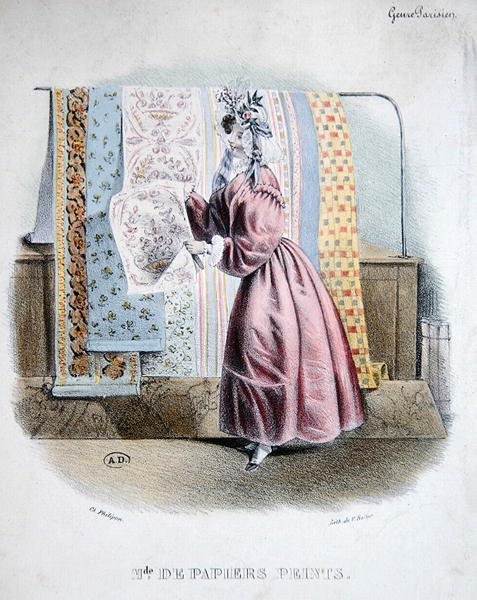 Duvar Kağıdı Satıcısı, c.1840 (renkli taş) by Charles (after) Philipon