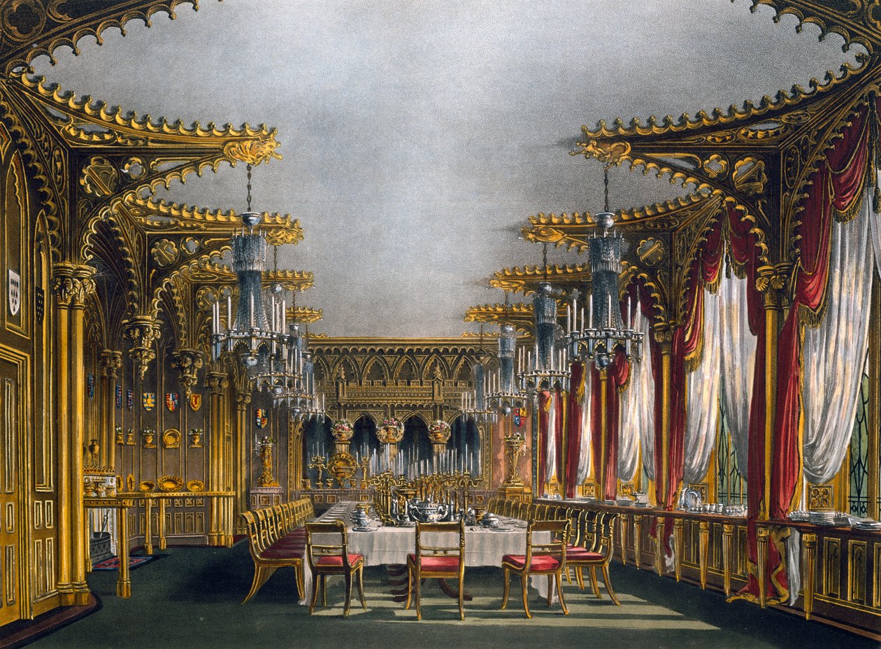 Gotik yemek odası, Thomas Sutherland (1785-1838), Charles Wild (1781-1835) tasarımına dayalı gravür, Kraliyet Konutlarının Tarihinden by Charles (after) Wild