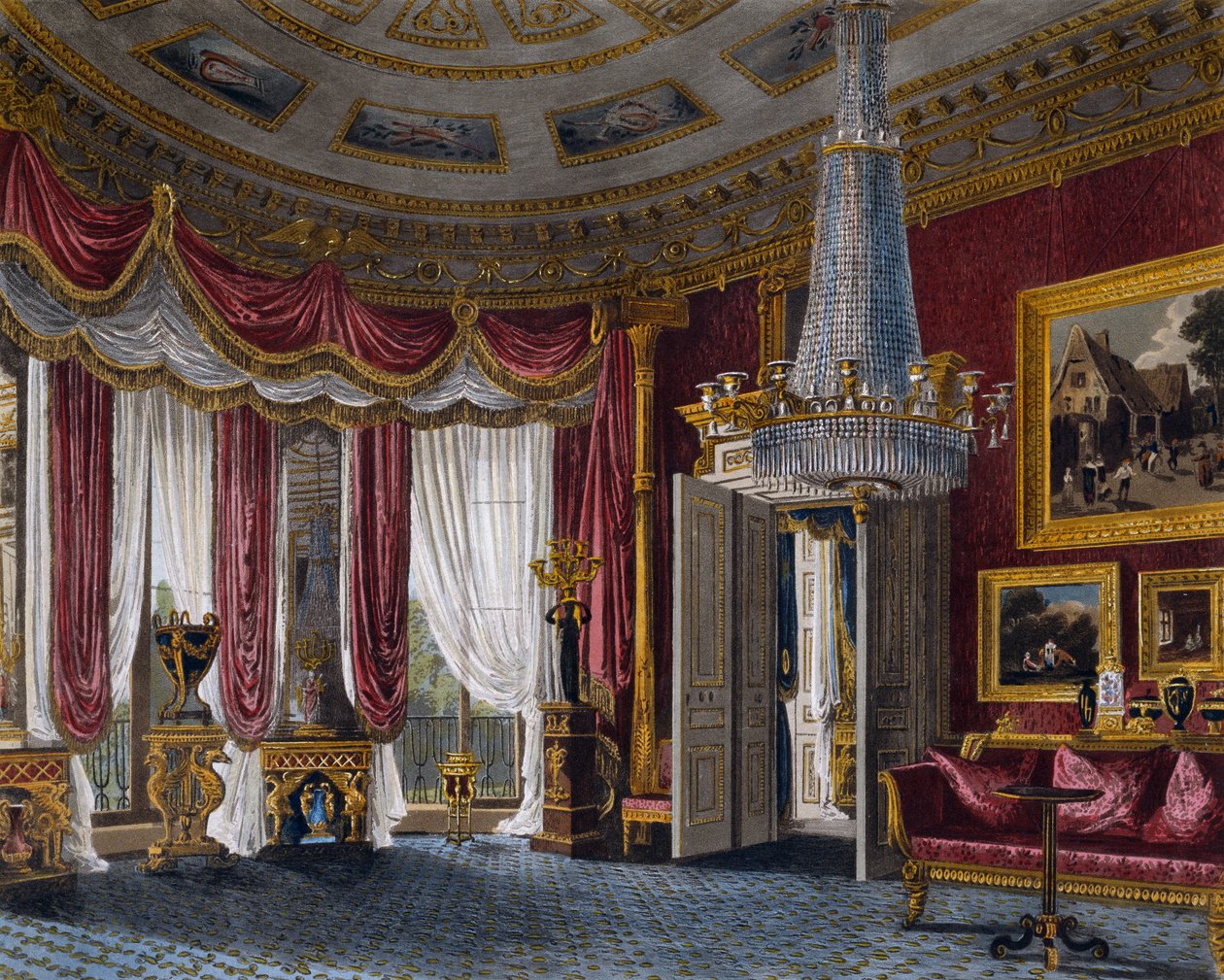 Pembe saten misafir odası, Gravür Richard Reeve (1780 doğumlu), Charles Wild (1781-1835) tasarımına dayanarak, Kraliyet Konutlarının Tarihinden by Charles (after) Wild