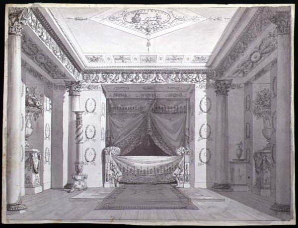 Empire Yatak Odası Tasarımı, c.1810 (kağıt üzerine kalem ve mürekkep ve sulu boya) by Charles (attr. to) Percier