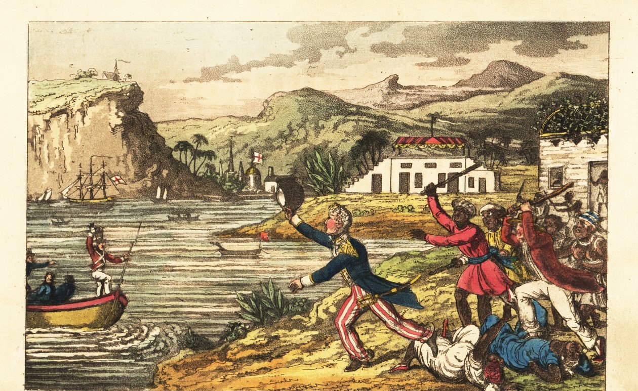 Öfkeli bir Massa ekicisinden kaçan İngiliz Donanması subayı ve Quashee, Jamaika'da sopaları ahırlayan erkekleri köleleştirdi by Charles (c.1797 1850) (after) Williams