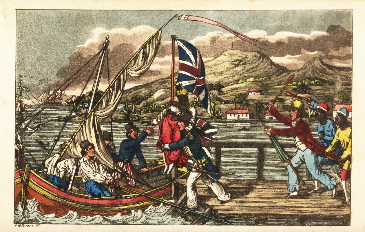 Barbados İskelesi'nde köleleştirilmiş bir kadını kaçıran İngiliz Donanması subayı, sahibi kocası ve plantasyon işçileri tarafından takip ediliyor. by Charles (c.1797 1850) (after) Williams