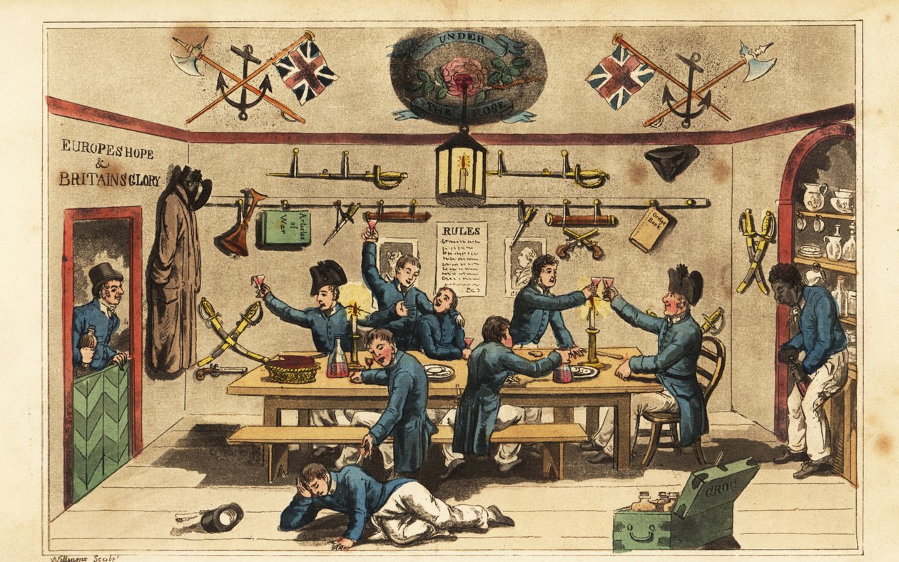 Johnny Newcome, asteğmenin karmaşasında memur arkadaşlarına rom getiriyor by Charles (c.1797 1850) (after) Williams