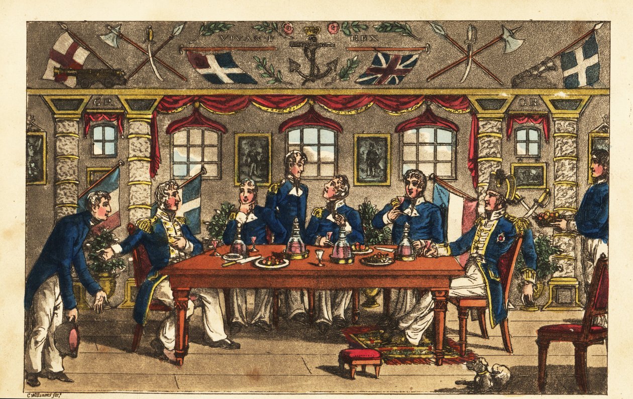 Asteğmen Newcome, kaptanın kamarasında akşam yemeğinden ayrılırken selam veriyor, HMS Victory by Charles (c.1797 1850) (after) Williams