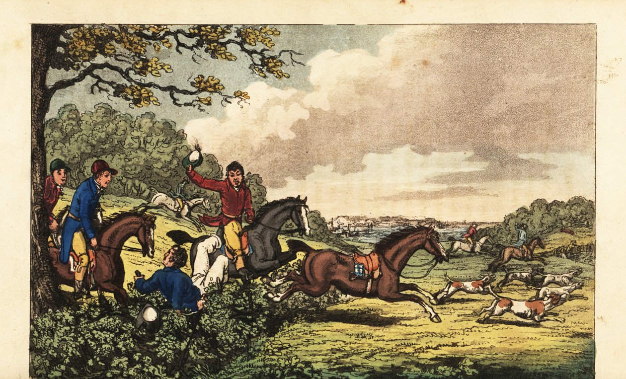 Asteğmen Newcome, Bertram Hall yakınlarında tilki avlarken bir çitin içine düşüyor by Charles (c.1797 1850) (after) Williams