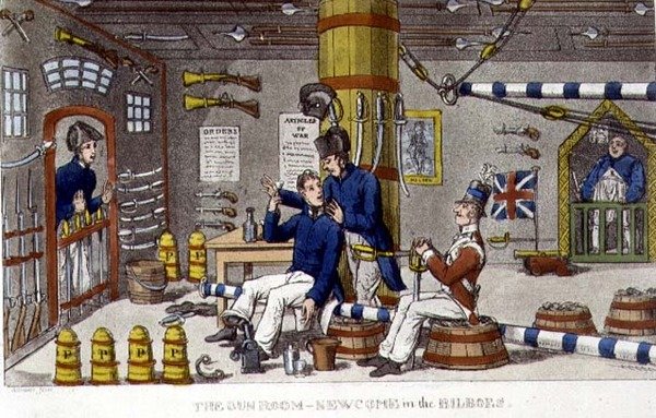 The Gun Room, Newcome in the Bilboes, John Mitford (1782-1831) 1818 (litho) tarafından 