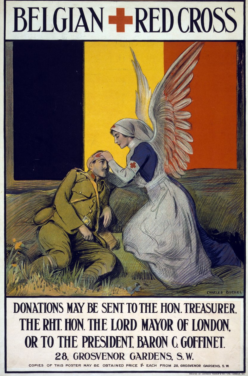 Belçika Kızıl Haçı için Bağış Toplama Posteri, pub. 1914-18 (renkli taş) by Charles A. Buchel