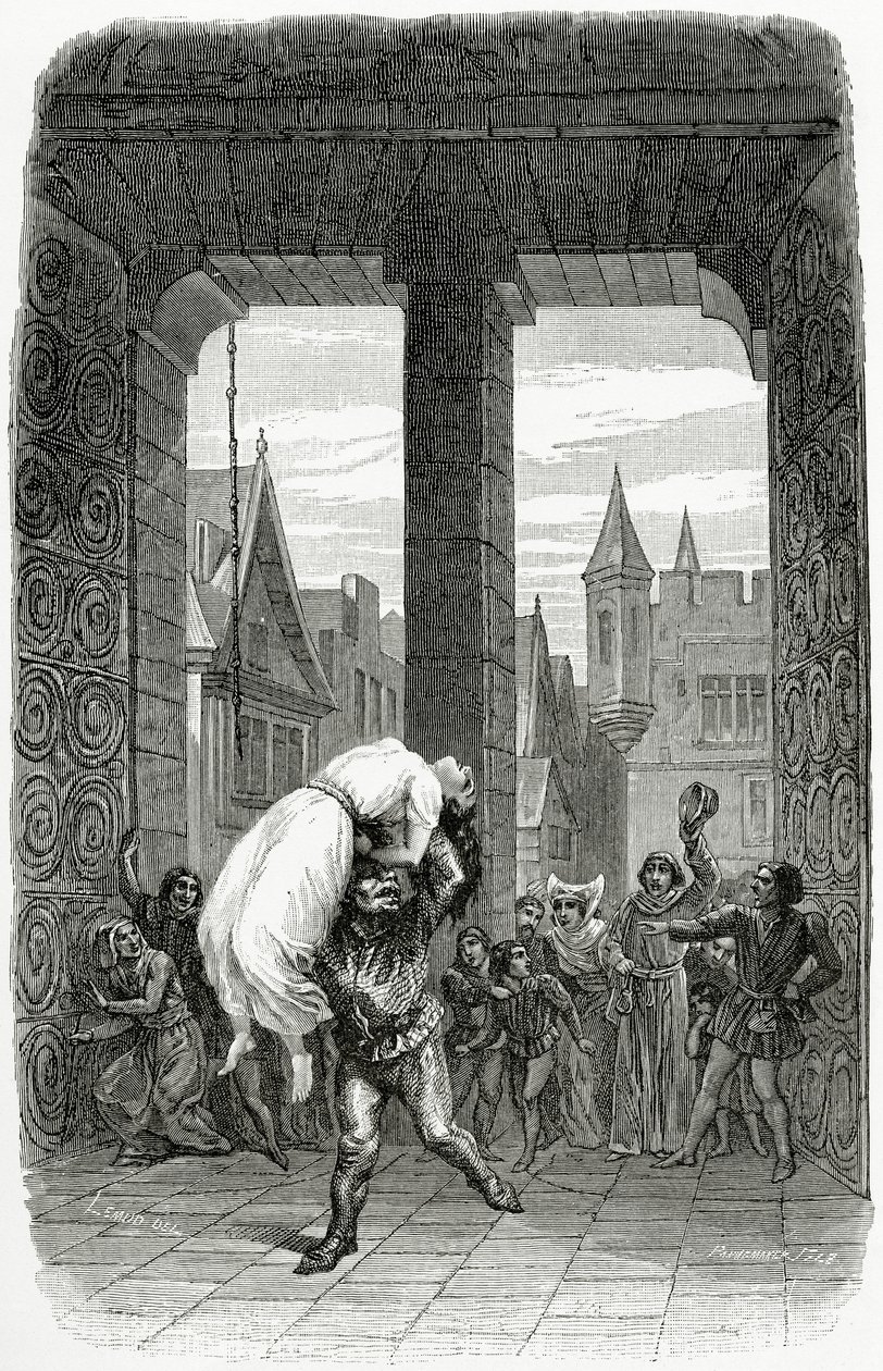 Quasimodo, Esmeralda'yı idamdan kurtarıyor - Notre Dame de Paris'ten bir illüstrasyon, 19. Yüzyıl (bw gravürü) by Charles Alexandre Lesueur