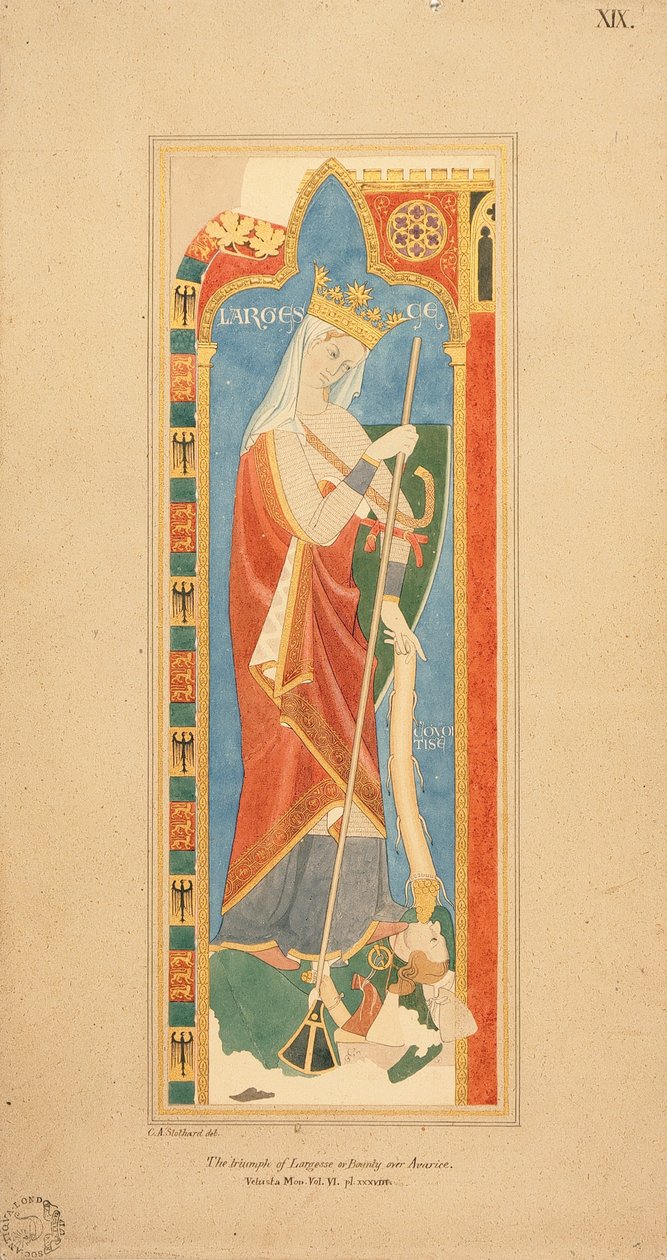 The Virtues Largesce ve Debonerete (Largesce) 1819 (kağıt üzerinde yükseltilmiş yaldız detaylı suluboya) by Charles Alfred Stothard