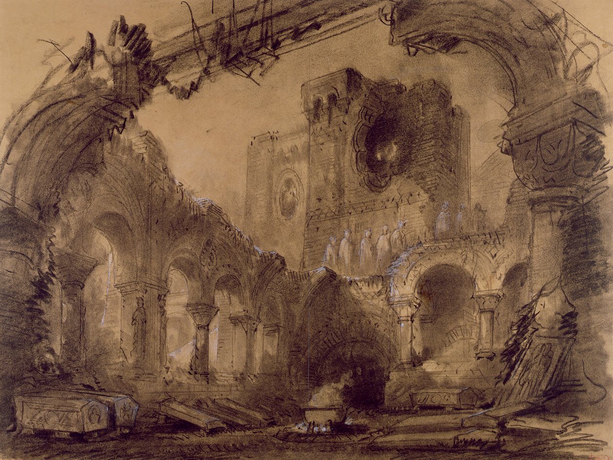 Harabeler, Giuseppe Verdi'nin (1813-1901) Theatre Lyrique'deki 'Macbeth' performansı için sahne tasarımı, Chatelet, Paris, 1865 (kağıt üzerinde kömür ve beyaz tebeşir) by Charles Antoine Cambon