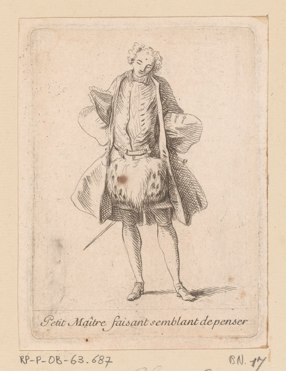 Önden görülen ayakta asilzade Petit Maitre faisant semblant de penser (nesne üzerindeki başlık) Rakamlar de modlar (seri başlığı) by Charles Antoine Coypel