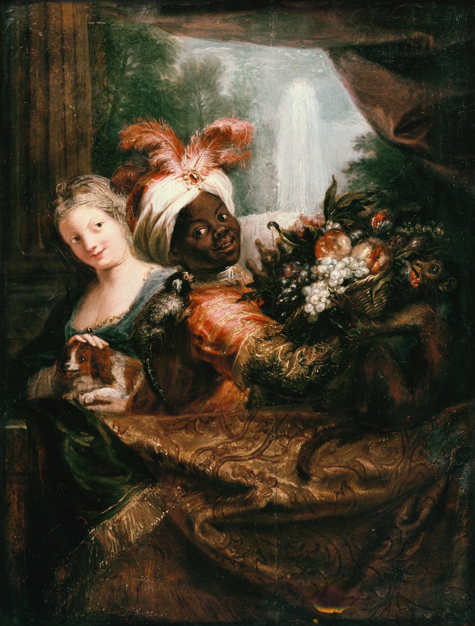 Bir Meyve Sepeti Tutan Genç Siyah Adam ve Bir Köpeği Okşayan Genç Bir Kız by Charles Antoine Coypel