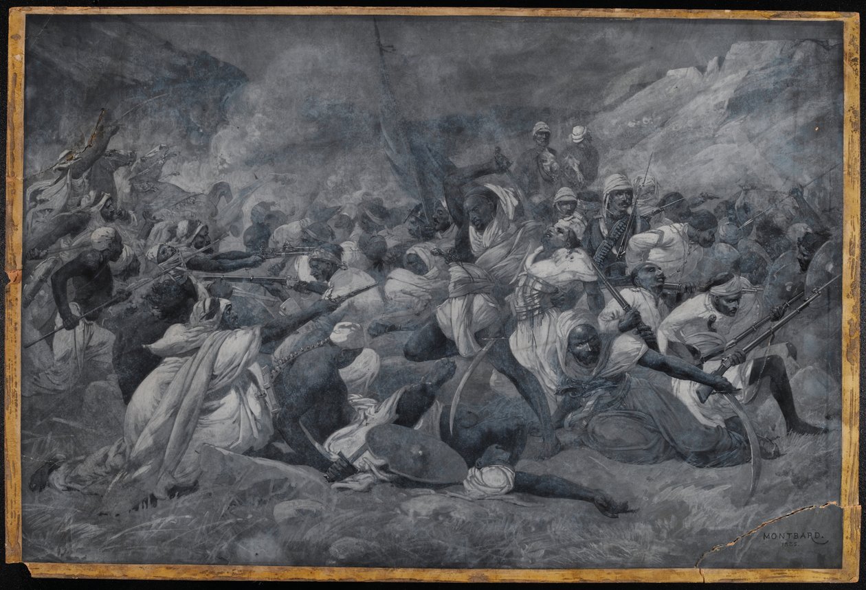 'El Obeid'de Mehdi Muhammed Ahmed'in güçleri tarafından Hicks Paşa komutasındaki Mısır Ordusunun yenilgisi', 5 Kasım 1883 (watercolor en grisaille) by Charles Auguste Loye