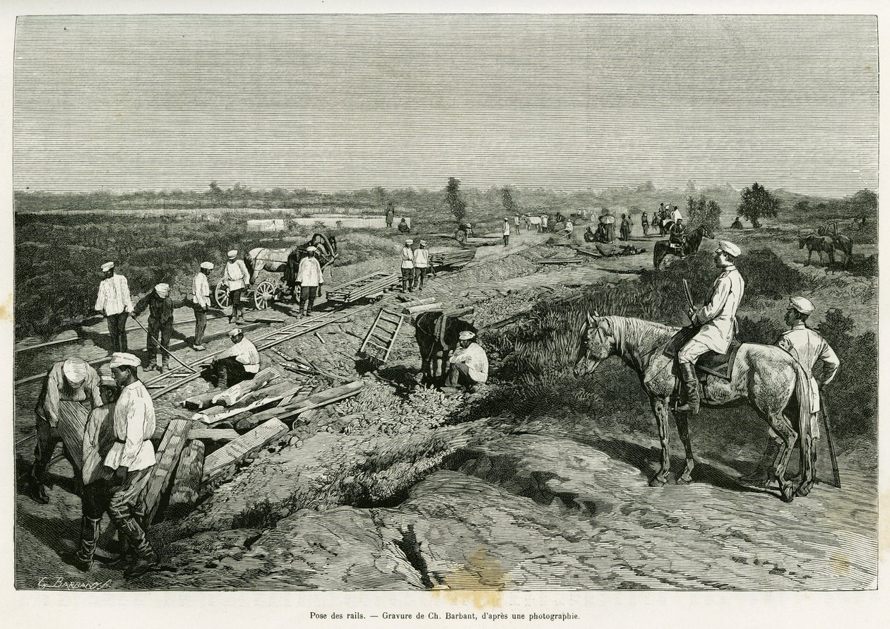 Transcaspian raylarının döşenmesi. Gravür Ch. Barbant, Edgar Boulanger