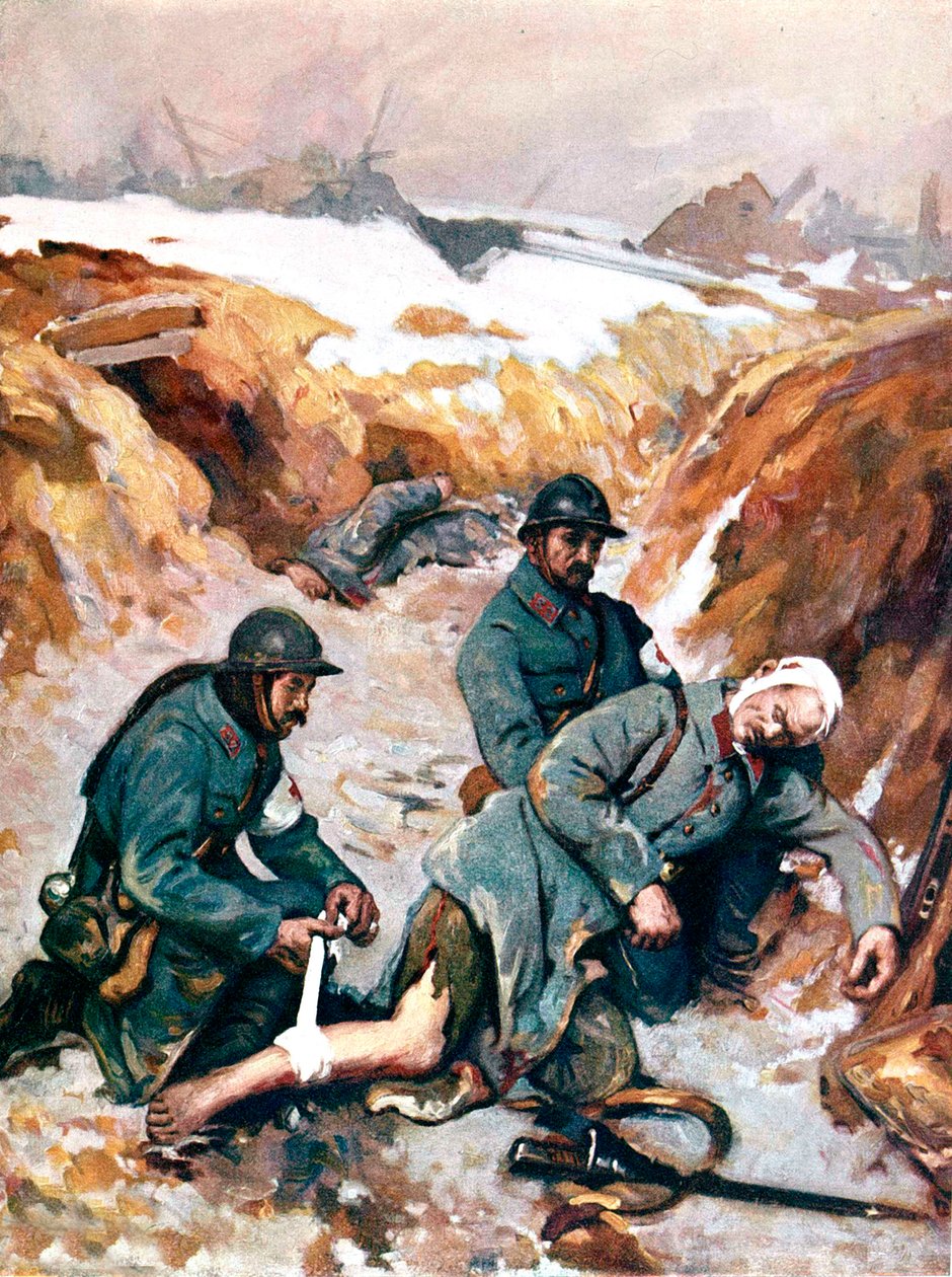 Kızılhaç hemşireleri yaralı askeri giydirdi by Charles Baude