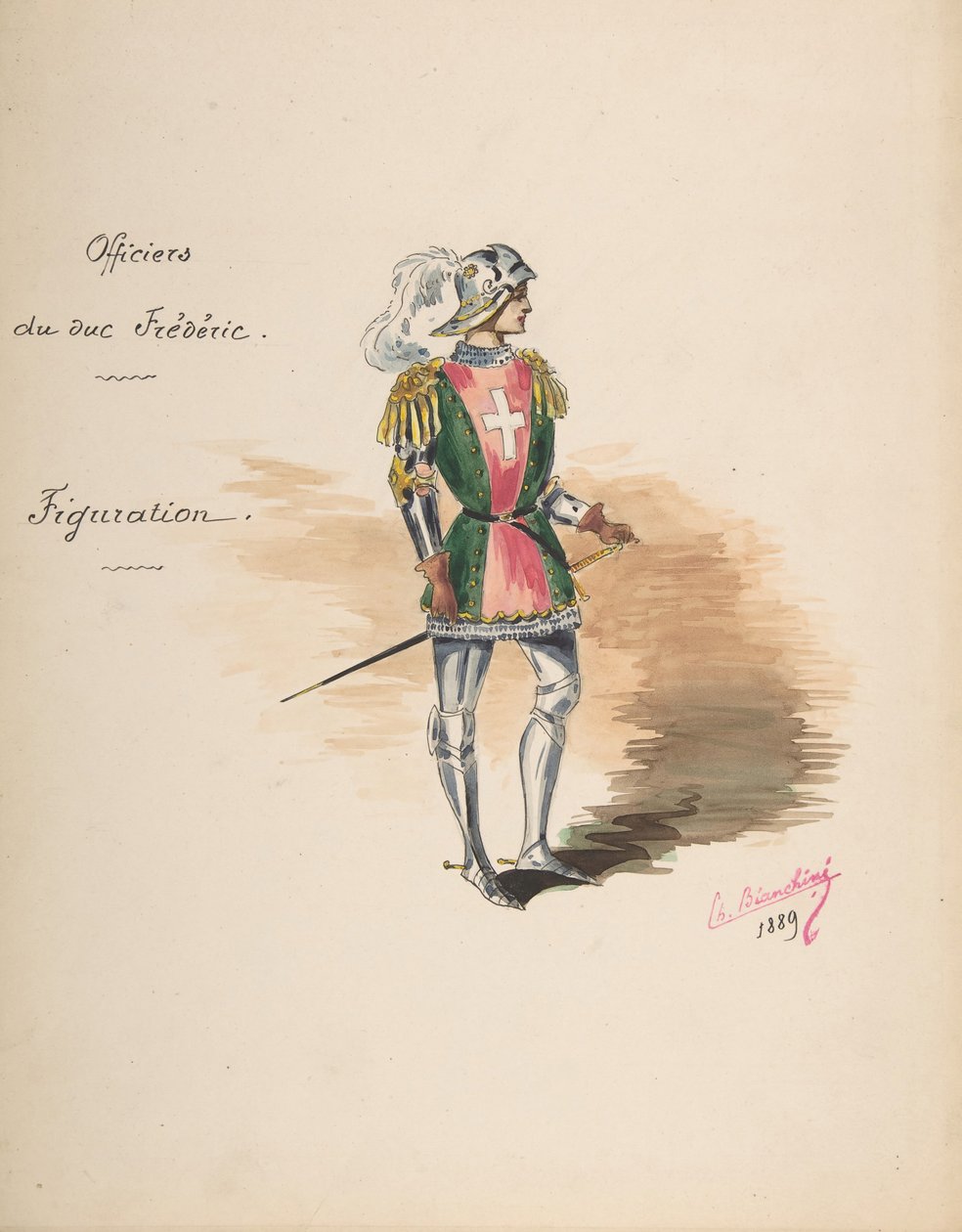 Duke Frederick [a] Subayları için Kostüm Tasarımı, Kostümün Tanımlayıcı Sayfası..., 1889. by Charles Bianchini
