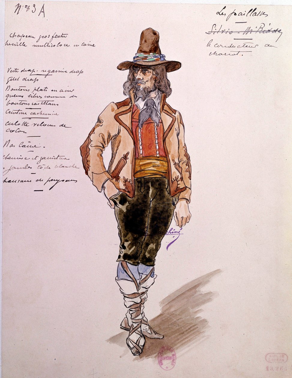 1892 tarihli Ruggero Leoncavallo (1857-1919) “Paillasse” (pagliacci, palyaçolar) operası için arabacı kostümü. Charles Bianchini (1860-1905) tarafından suluboya by Charles Bianchini