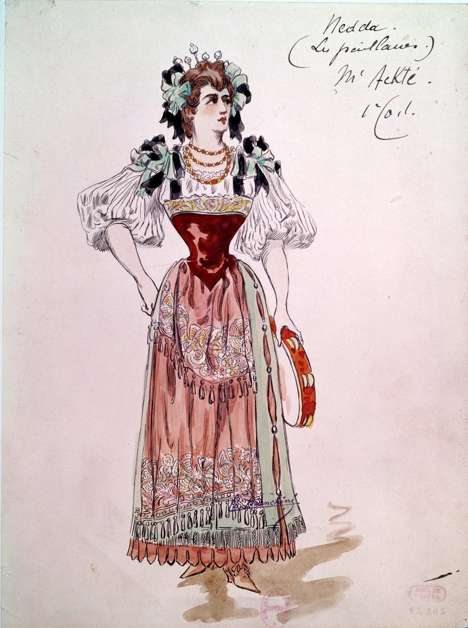1892 tarihli Ruggero Leoncavallo (1857-1919) “Paillasse” (pagliacci, palyaçolar) operası için Nedda veya Colombine kostümü. Charles Bianchini (1860-1905) tarafından suluboya by Charles Bianchini