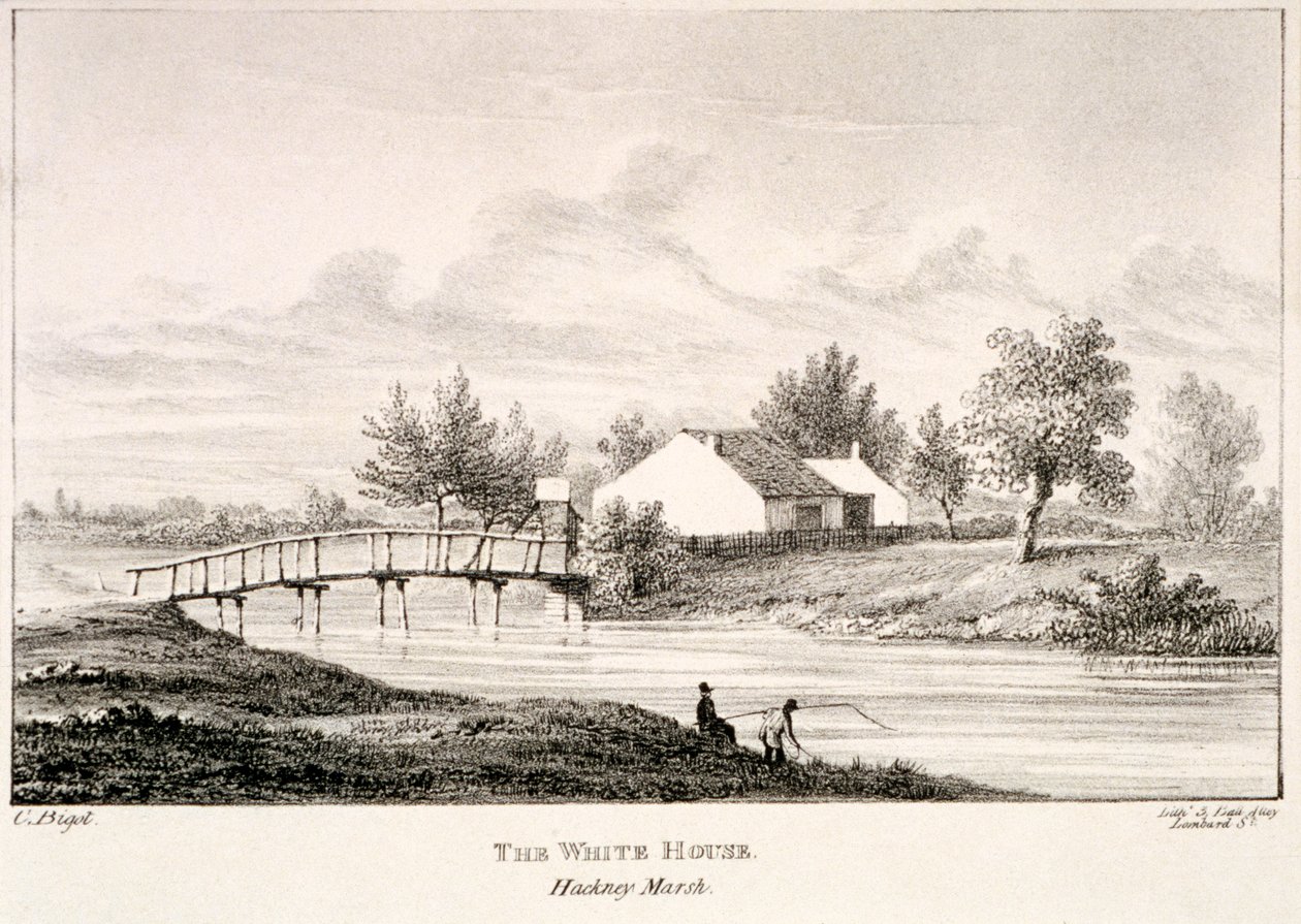 Lea Nehri kıyısındaki Beyaz Saray, Hackney Marsh, Londra, c1830 by Charles Bigot