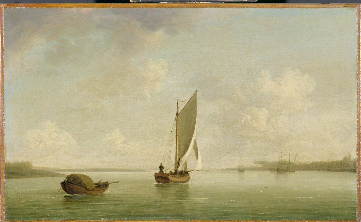 Nehirde Hafif Esintide Yelken Altında Bir Şaka, c.1756-9 (tuval üzerine yağlı boya) by Charles Brooking