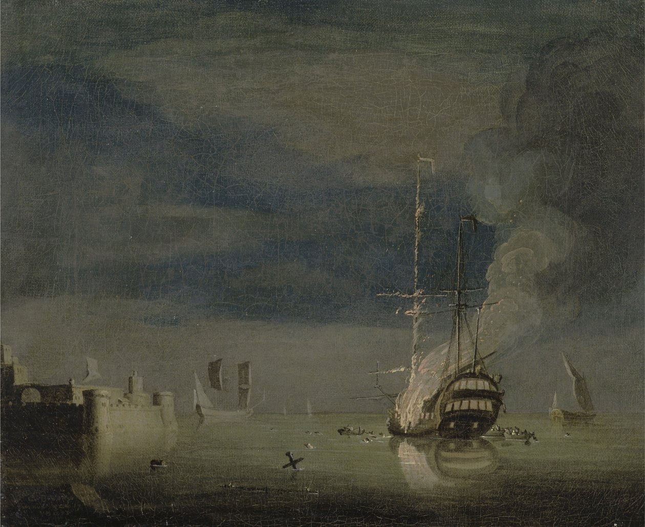 Bir Kale Açıklarında Geceleri Yanan İki Katlı, 1740 dolayları (tuval üzerine yağlı boya) by Charles Brooking