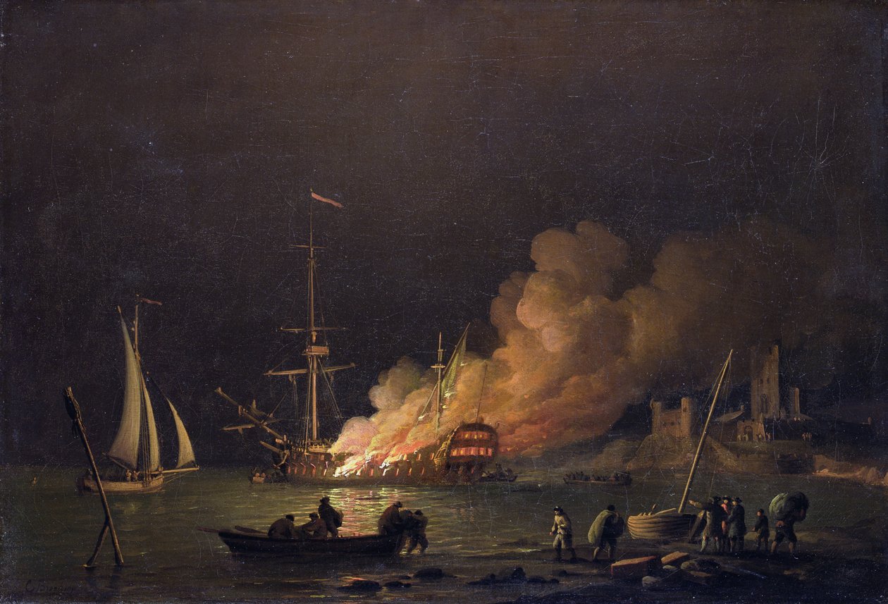 Geceleri Yanan Gemi, c.1756 (tuval üzerine yağlı boya) by Charles Brooking