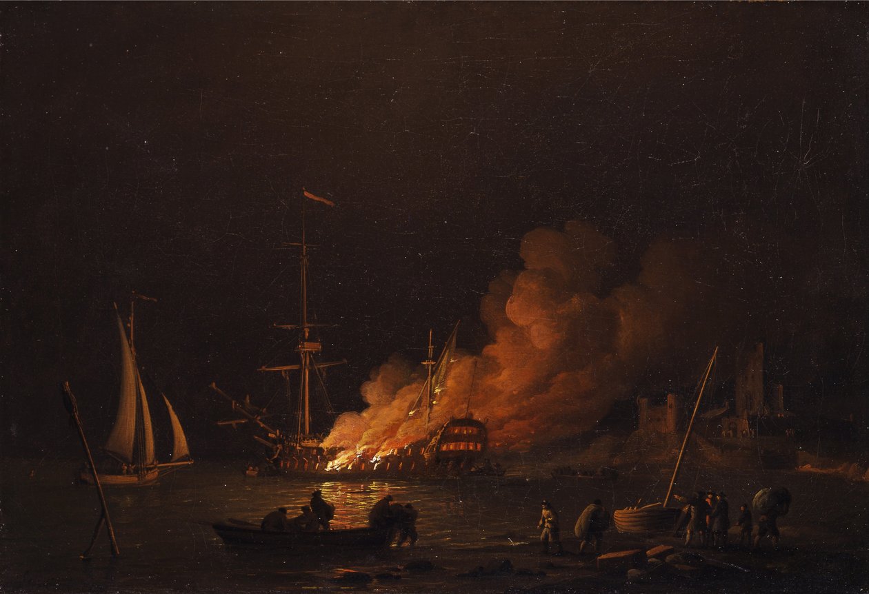 Geceleri yanan gemi, yaklaşık 1756 by Charles Brooking