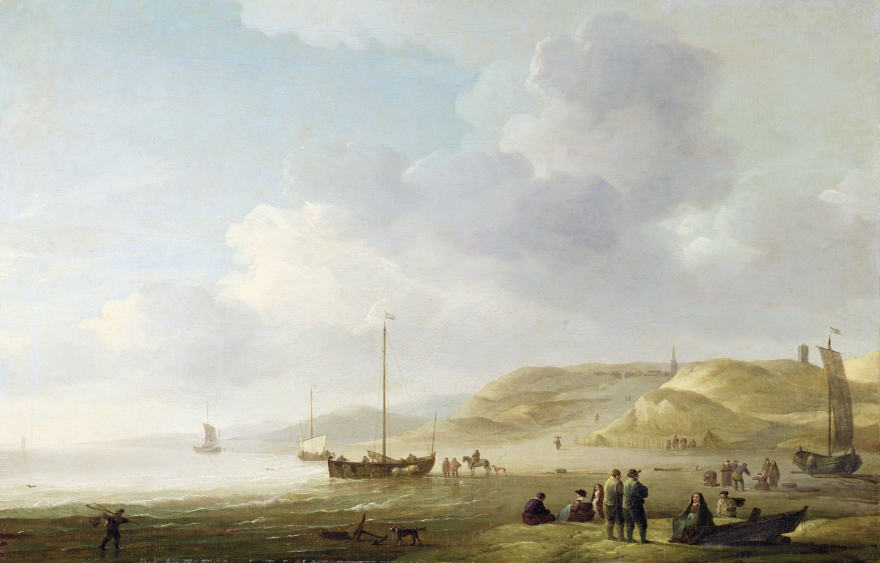 Sahilde Balık Tutma Pembeleri ile Scheveningen Yakınlarındaki Sahil (tuval üzerine yağlı boya) by Charles Brooking