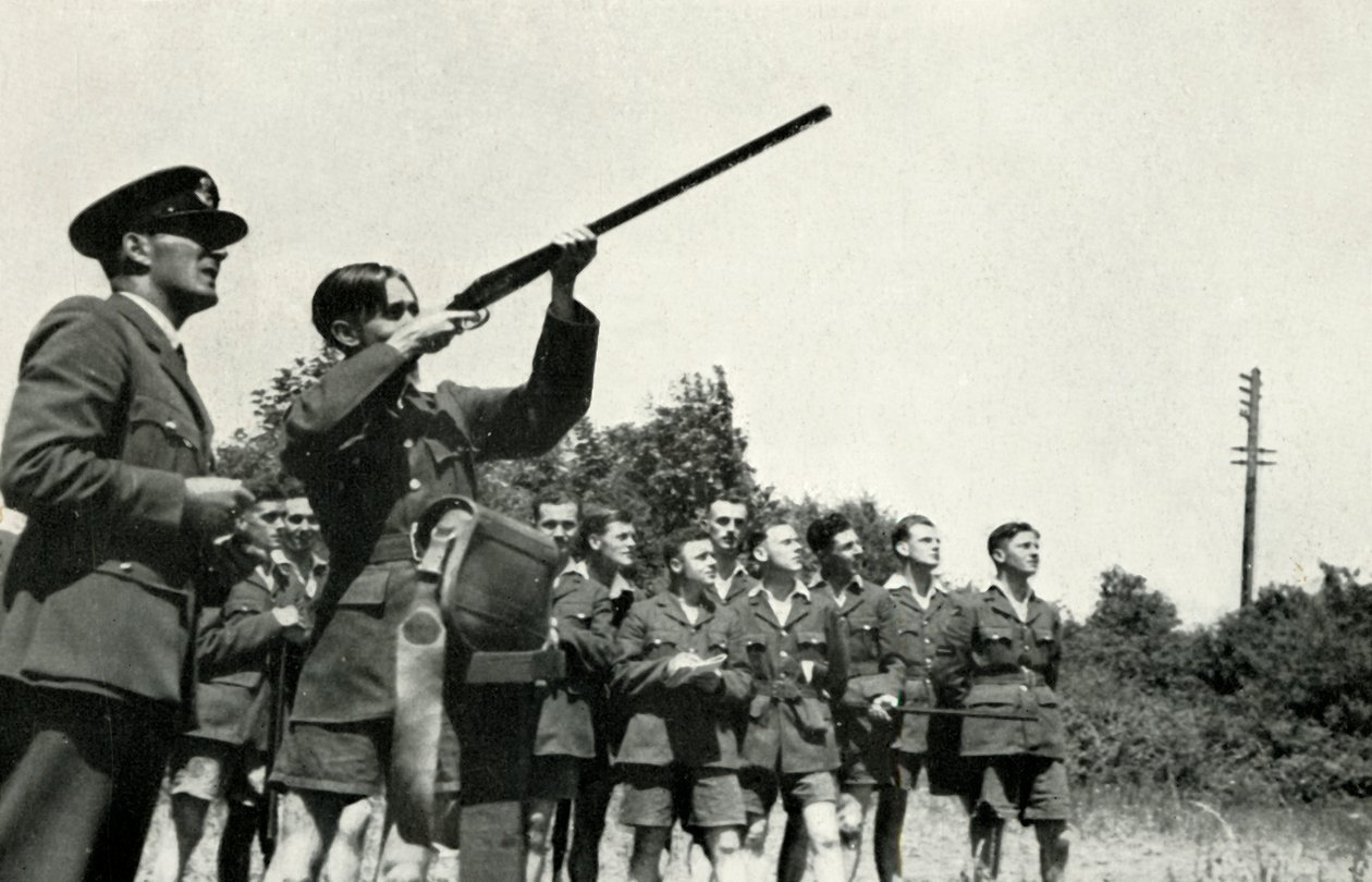 RAF personeli, 1941 İkinci Dünya Savaşı sırasında silah ateşlemeyi öğreniyor. by Charles Brown