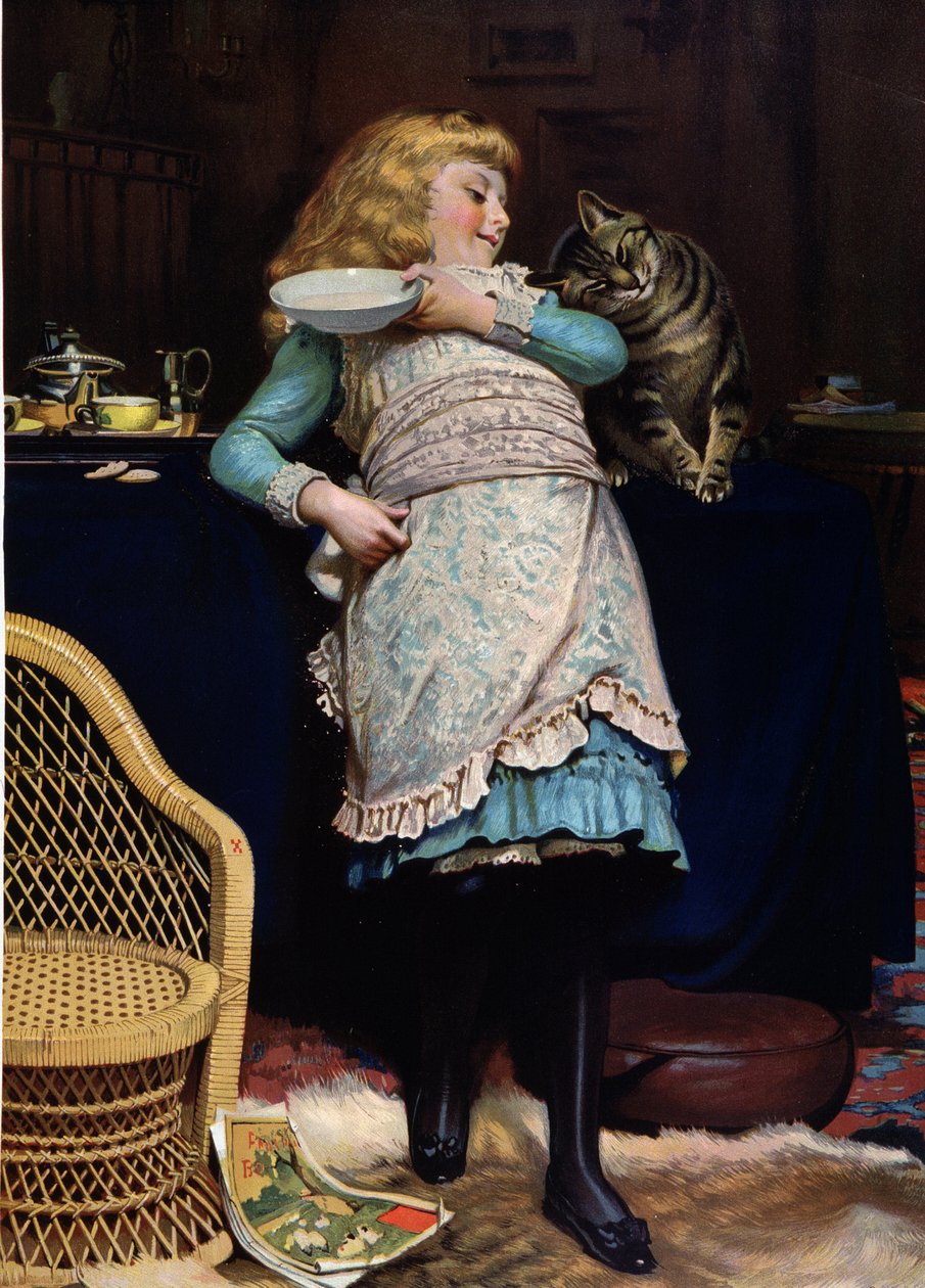 Child with cat, by Burton Barber, English chromo by Charles Burton (after) Barber