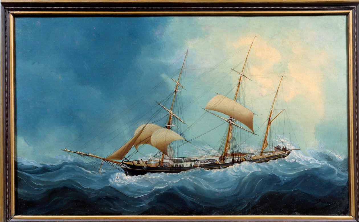 Uçan üç keçeli bir yelkenli Boyama Charles Cheri Dubreuil (Cheri-Dubreuil) (1828-1880) 1865 - Fecamp. Musee Des Terre Neuvas - Üç direkli bir gemi kaçıyor. Charles Dubreuil