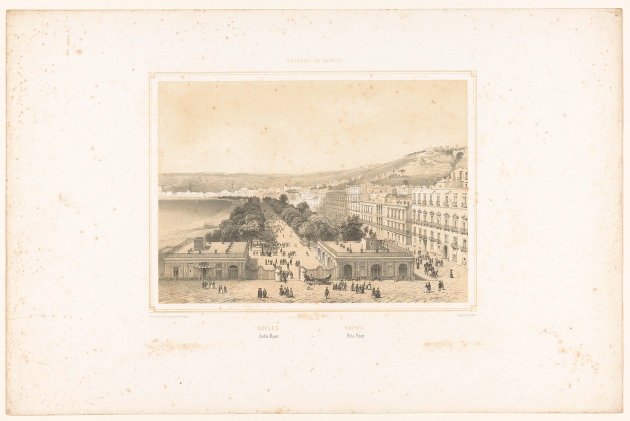Napoli'de ağaçların olduğu bir cadde ile Villa Poggio Reale'nin manzarası. Jardin Royal / Napoli. Villa Reale (nesne üzerinde başlık) Napoli Krallığı'nın Yüzleri (dizi başlığı) Royaume de Naples (nesne üzerinde dizi başlığı) by Charles Claude Bachelier